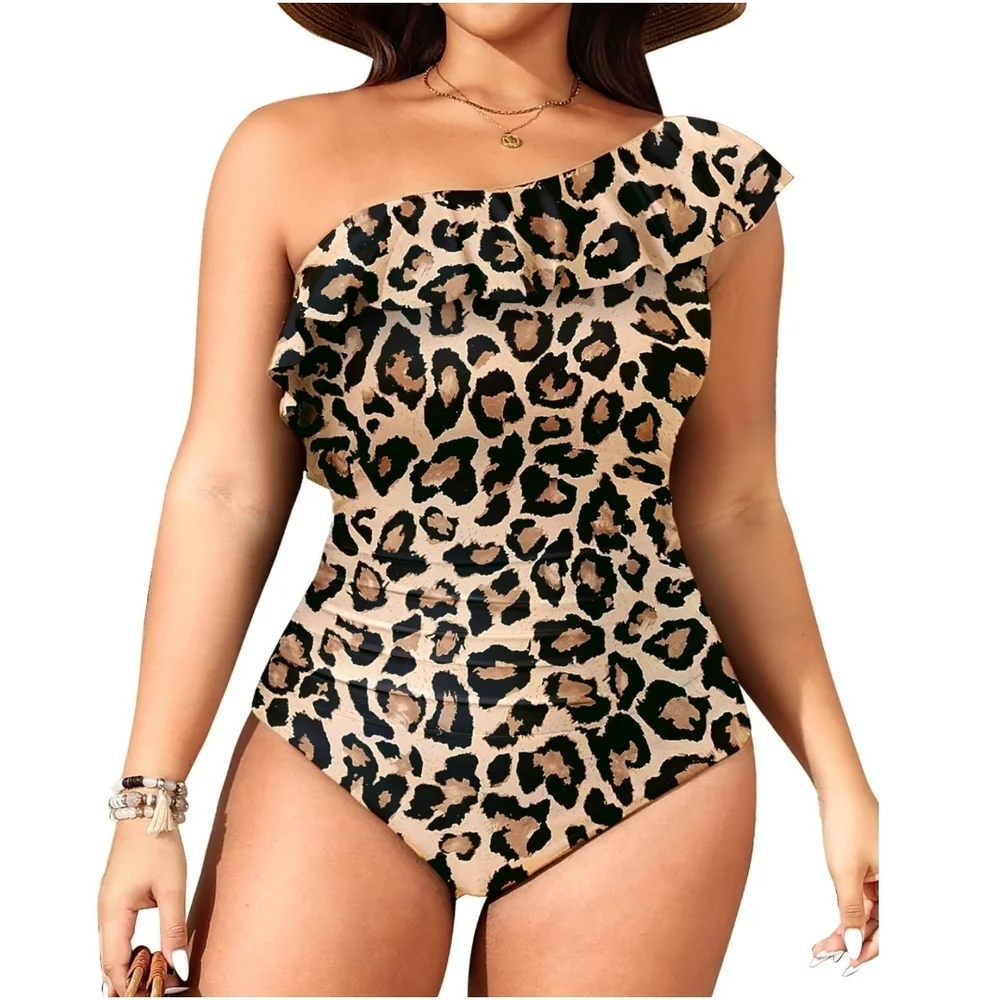 AQUA EVE - 18W Elegant Leopard Print One Shoulder Swim Suit - Picture 5 of 10